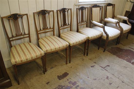 Late Victorian bone inlaid veneered drawing room suite, consisting of a pair of armchairs and four single chairs